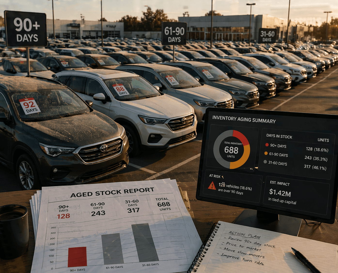 Inventory aging reports and monitor in front of a car lot with aged stock signs.