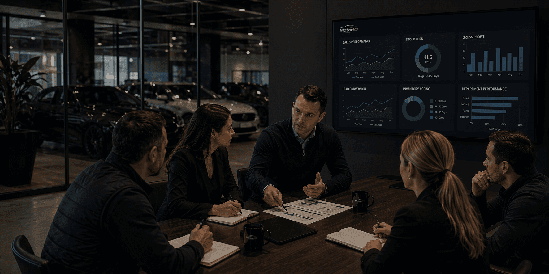 Business professionals analyzing data dashboards on a large screen in an automotive showroom office.